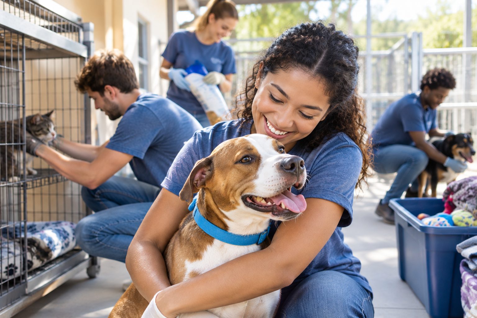 Volunteers at an animal shelter, one hugging a happy dog